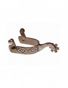 Speroni western in ferro brunito con decorazioni argento a rombi.