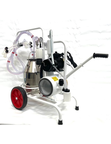 Side view of two cluster milking machine for goats and sheep with oil bath vacuum pump