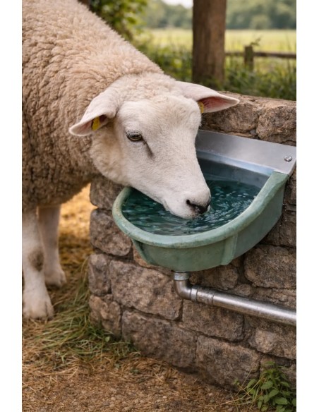 Pecora che beve nell'abbeveratoio a livello costante in ghisa FDA